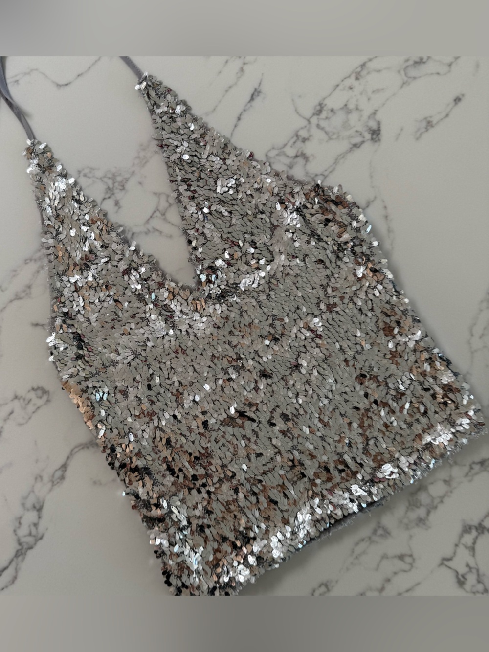 Silver Sequin V-Neck Cropped Tank Top